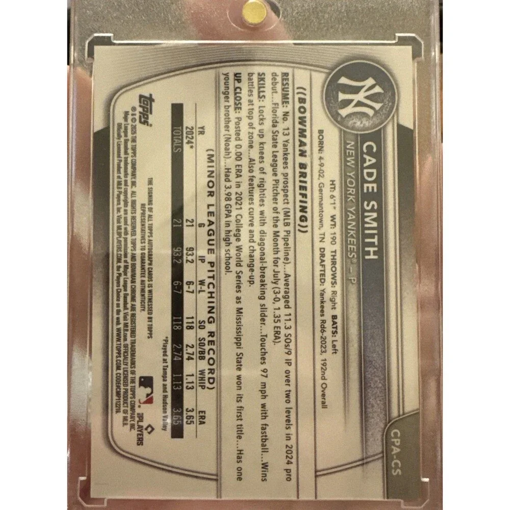 2025 Bowman Chrome Cade Smith #CPA-CS 1st Bowman Auto